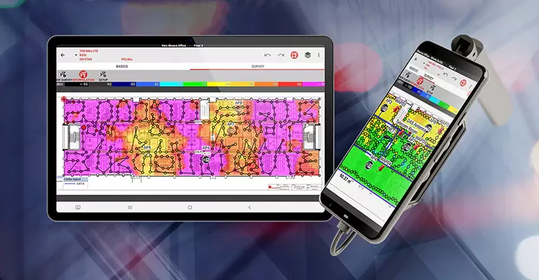 Image of a cell phone and a tablet computer with iBwave Mobile Survey application